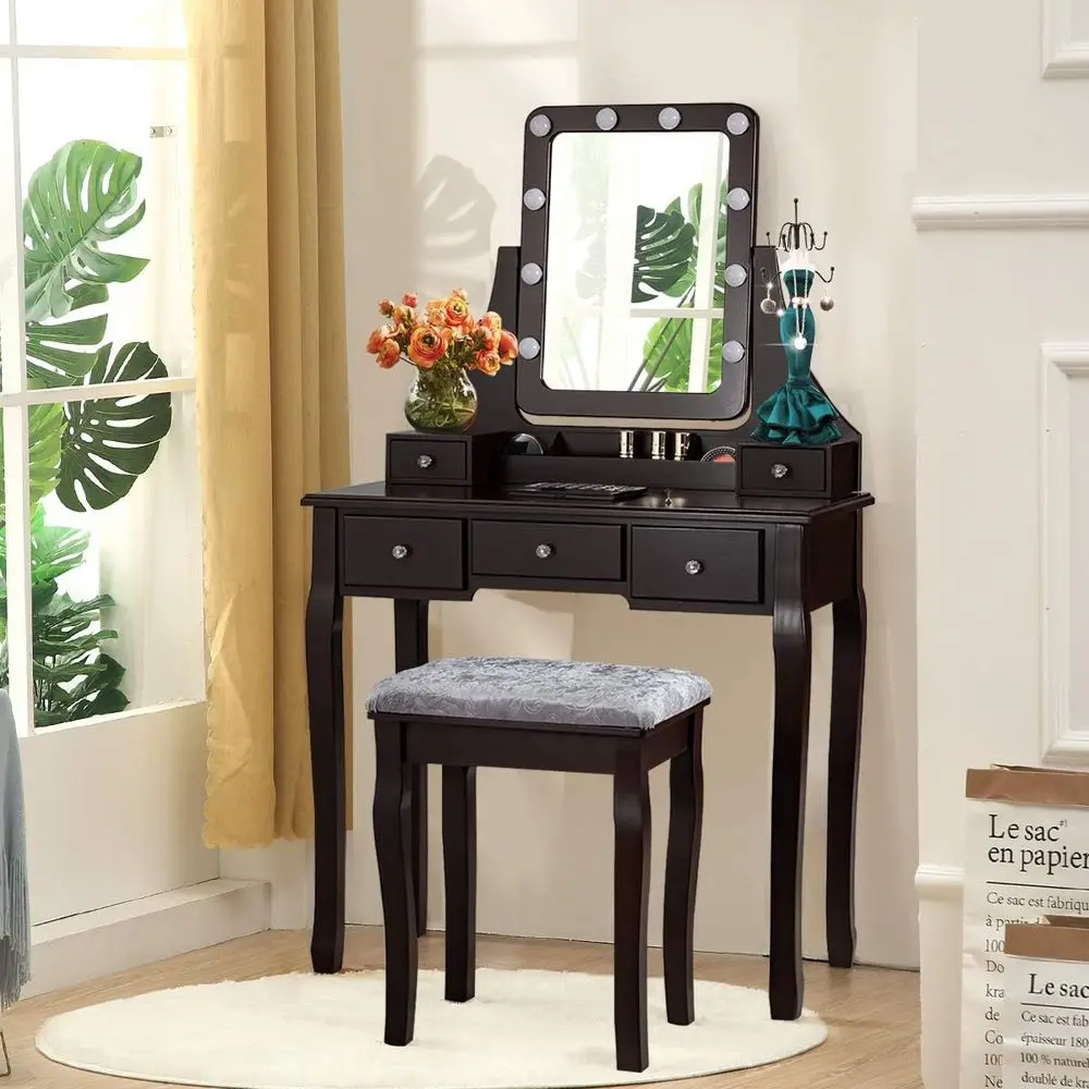 DORTALA Vanity Table Set w/ 360-Degree Recular Mirror & Cushioned Stool, Makeup Table w/ 10 LED Dimmable Bulbs, Bedroom Wood Dri view 2