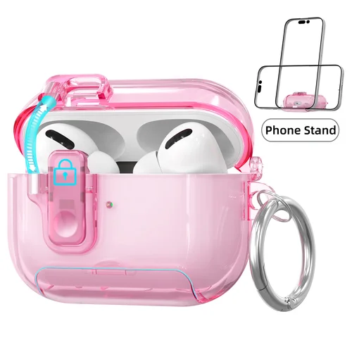 Imagen 2 del producto 2025 para AirPods Pro 3 Funda transparente rosa con soporte para teléfono y cubierta transparente con cerradura segura con kit de limpieza y llavero para AirPods 4/Pro 2