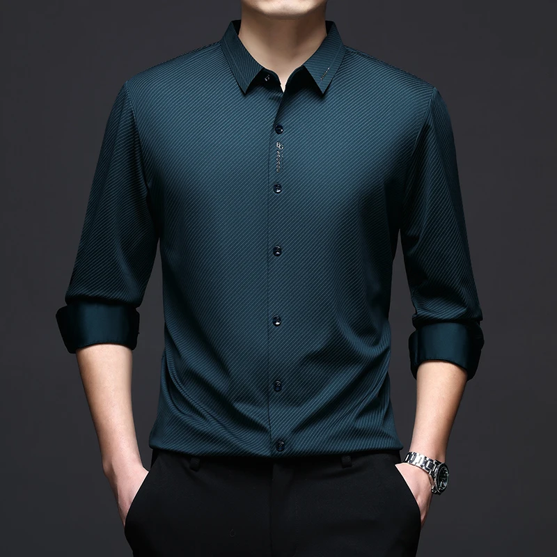 

Высококачественные бесшовные рубашки с заклепками для мужчин, шелковистые полосатые рубашки с длинными рукавами, весеннее качество, приятные для кожи, легкие в уходе, с лацканами, Camisas De Hombre