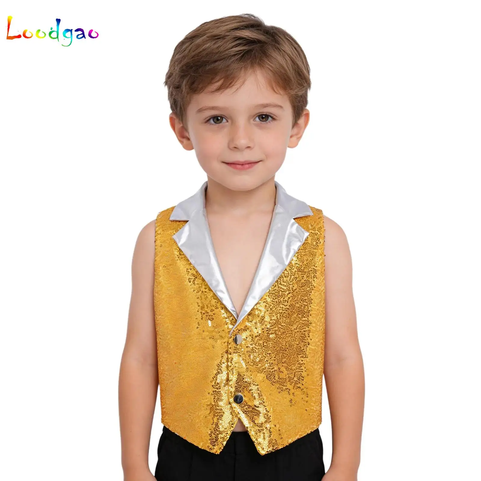 

Kids Boys Girls Sequin Formal Suit Vest V-neck Sleeveless Jazz Dance Waistcoat Banquet Wedding Party Choir Stage Performance