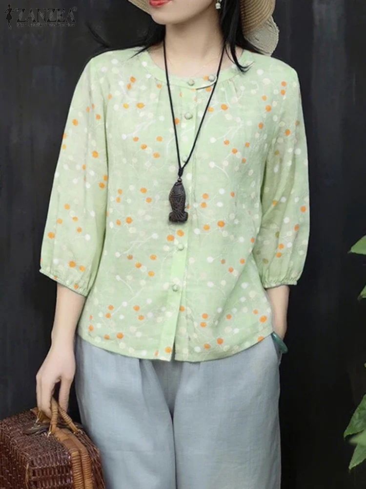 

ZANZEA 2025 Printed Shirts Women Casual Loose Tunic Fashion 3/4 Lantern Sleeve Tops Buttons O Neck Summer Blusas Oversized