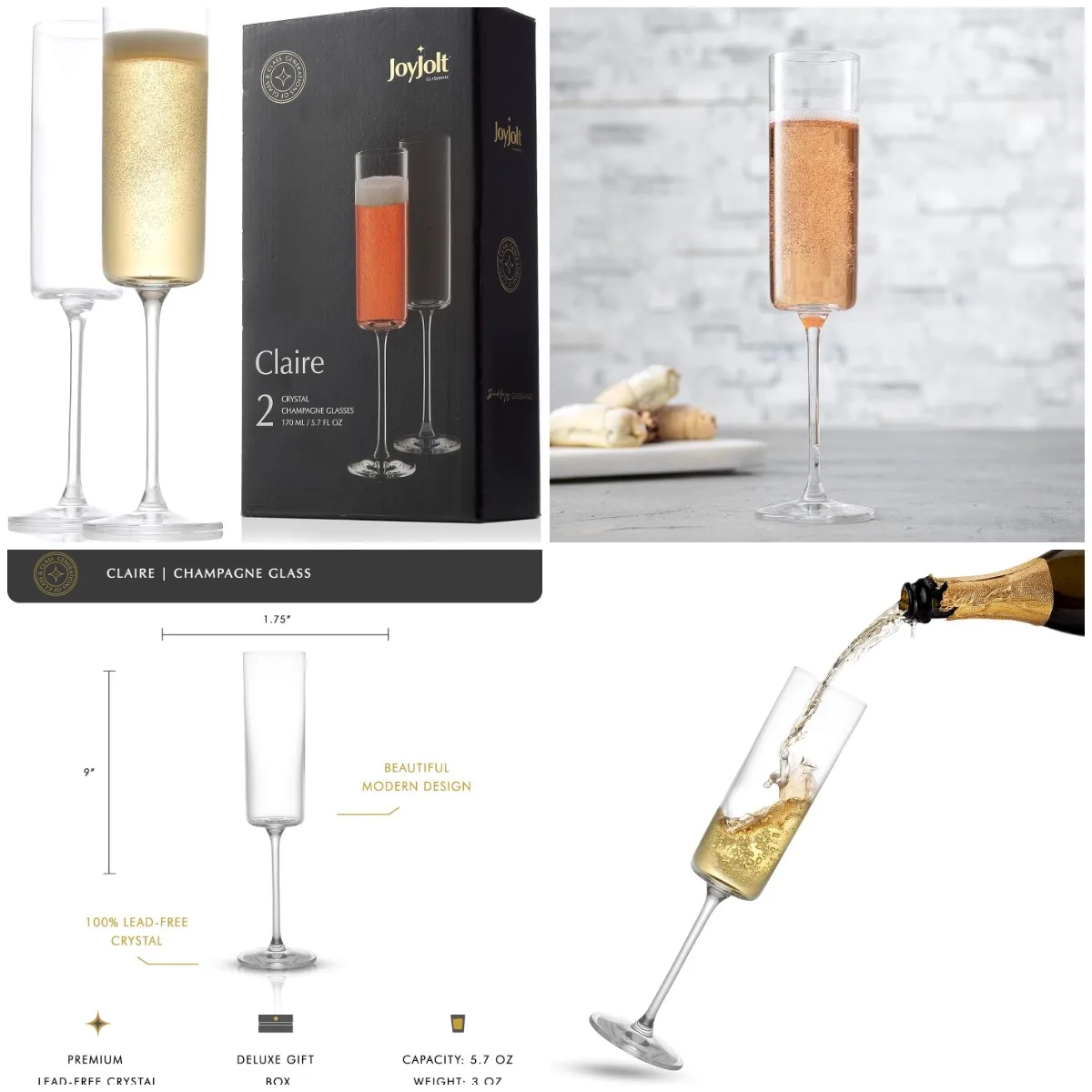 

Champagne Flutes, Claire Collection Set of 2, 5.7 oz, Crystal Glass, Elegant Design, Perfect for Home Bar & Special Occasions –