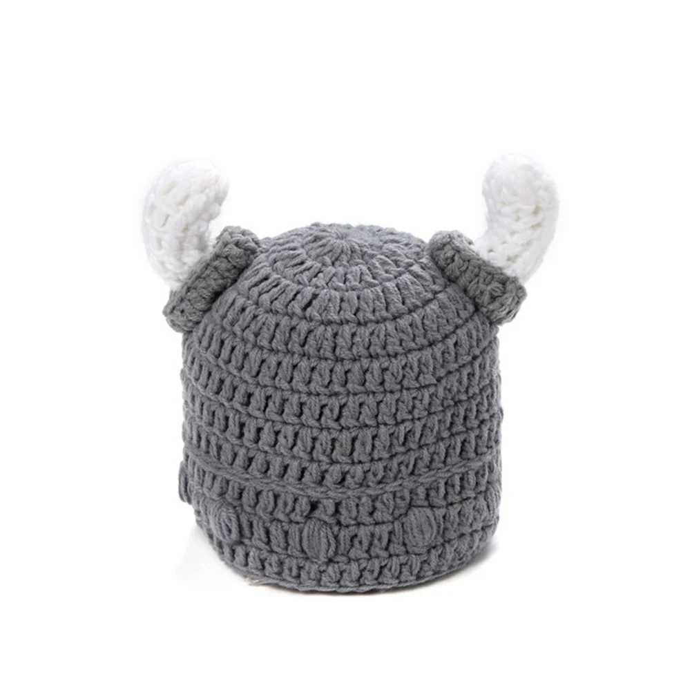 Gray Bull Horn Beanie Handmade Knitted Crochet Viking Infant Winter Hat Boys Girls Kids Knitted Hats Warm Fall Winter