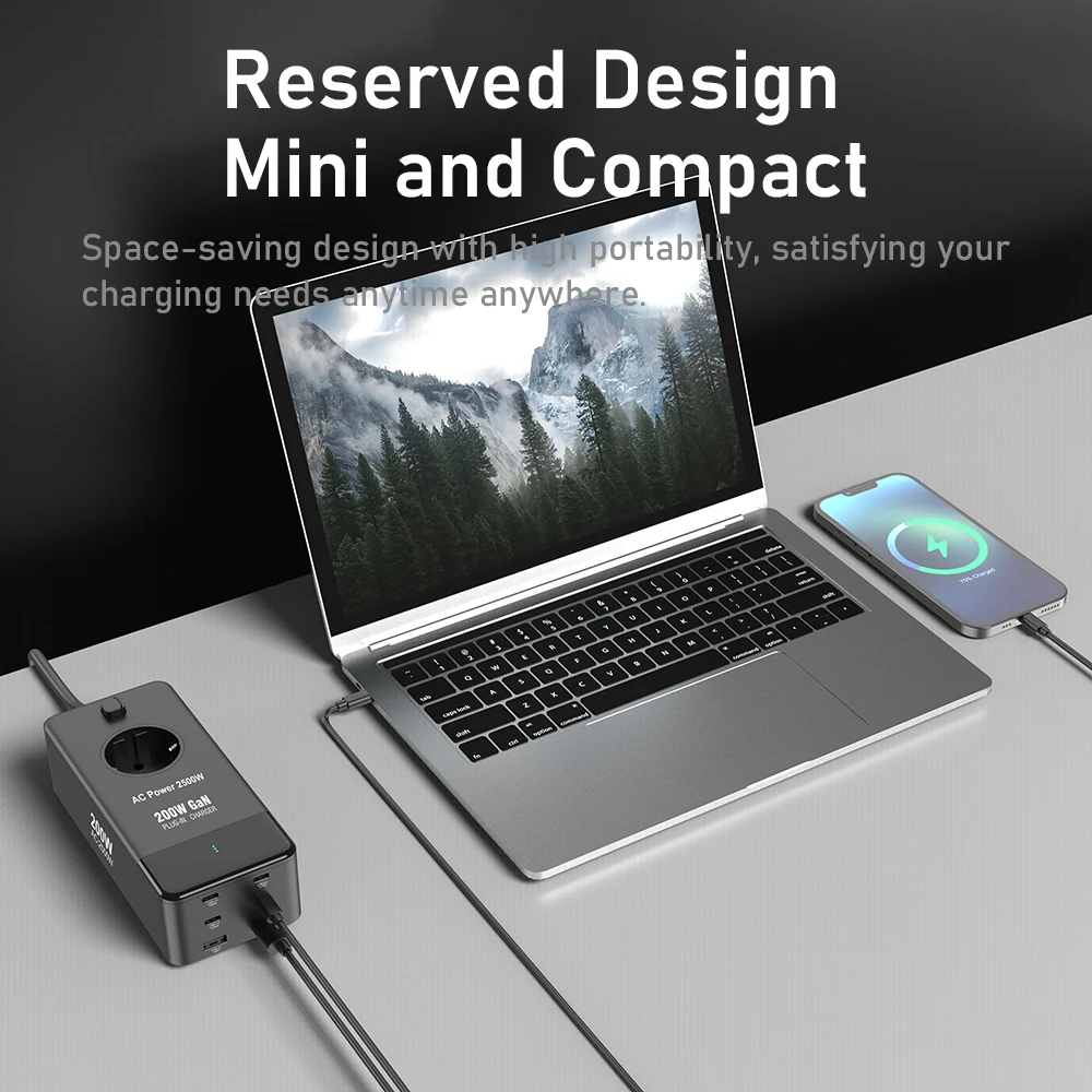 200W Fast Charging Station Power Strip GaN USB C PD 100W Charger 7 in 1 Power Adapter for MacBook Pro iPhone 15 Laptops Tablets