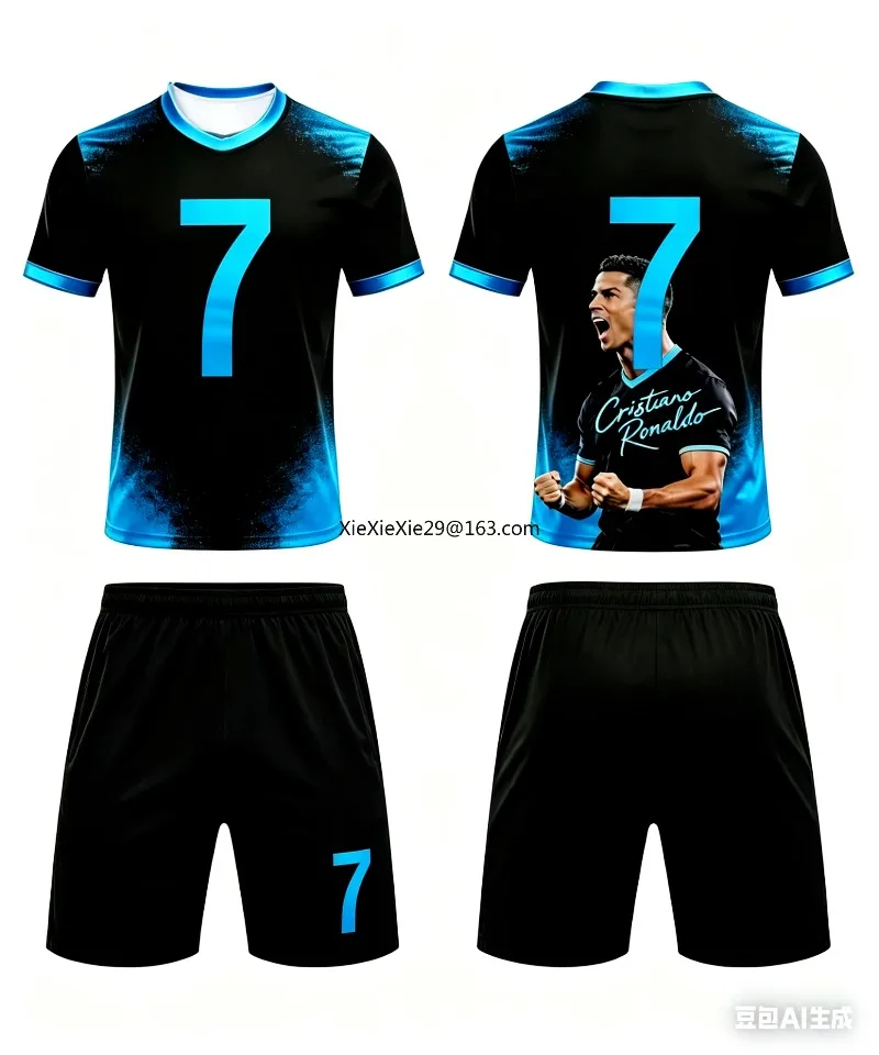 2026 New AI Ronaldo #7 3D Men's Fashion Fan Outdoor Sports Breathable Quick Drying Football Shirt Children's T-shirt Shorts Set
