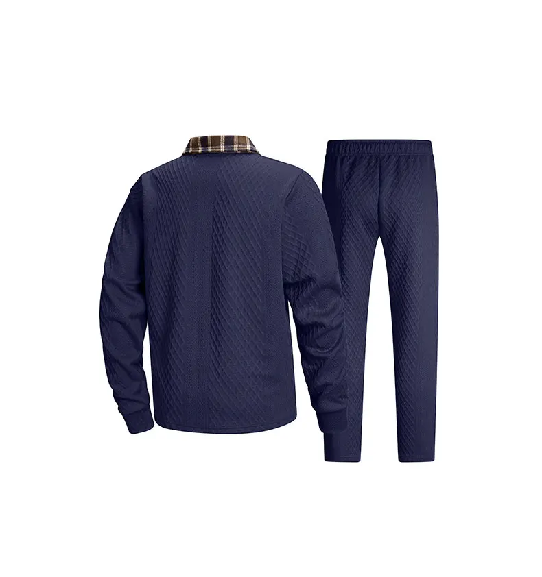Plaid Collar Knit Tracksuit Men Long Sleeve Button Neck Drawstring Pants Loose Fit Casual Sportswear Set Autumn Winter Daily