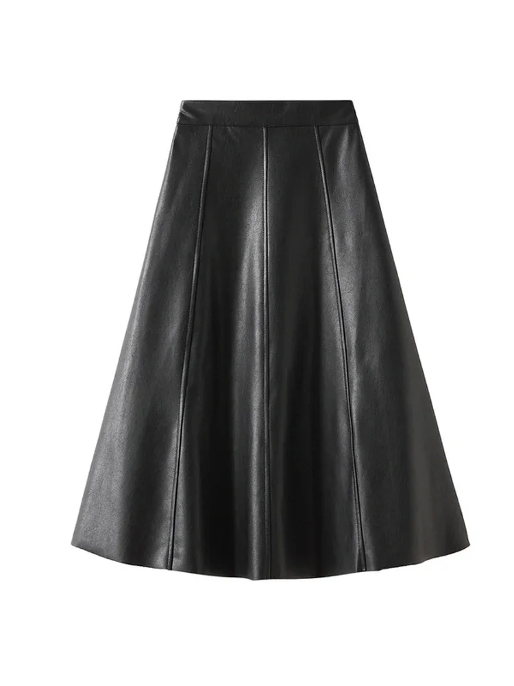 Vintage Faux Leather Skirt Women 2024 Autumn Winter Fashion Midi Long A Line Skirt Female Beige Khaki Elegant PU Skirt A319