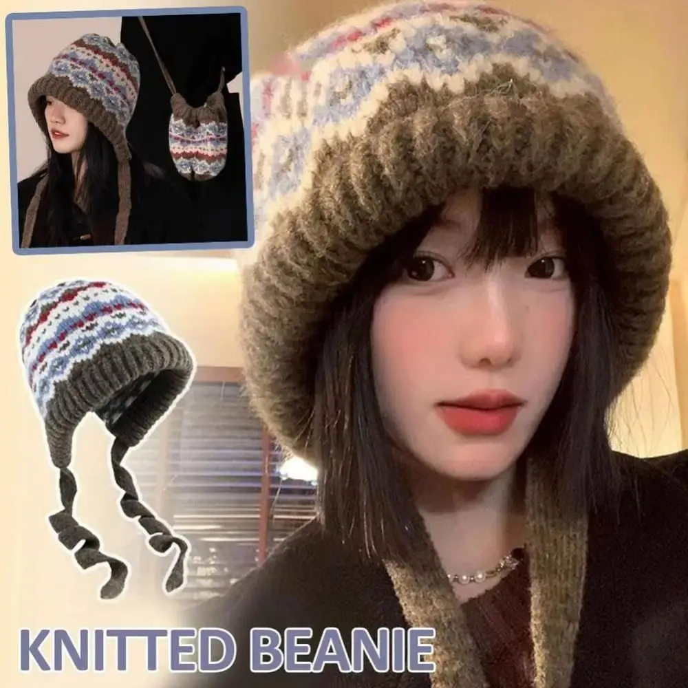 Fashion Striped Knitted Woolen Hat Ethnic Style Windproof Ear Flap Cap Cold-proof Thickened Strap Ear Protection Hat for Women