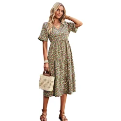 Vestido longo floral estampado boho de manga curta feminina, decote em v, verão