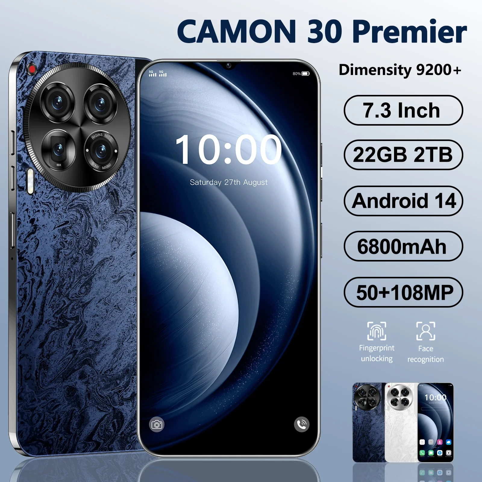 Оригинальный смартфон Camon 30 Premier, телефон с диагональю 7,3 дюйма, HD, 22 ГБ, 10000 мАч, разблокированный телефон с двумя SIM-картами, Android 14