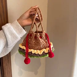 Handmade Knitted Tote Bags Hamburger Fries Woolen Bags Cute Shoulder Crossbody Coin Bags Cell Phone Bags Holiday Gift Bags