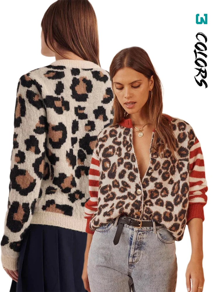 Fashion Stripe Leopard Cardigan Sweater Women Patchwork Long Sleeve Casual Knitted Coat Autumn Lady Chic Streetwear Overcoat