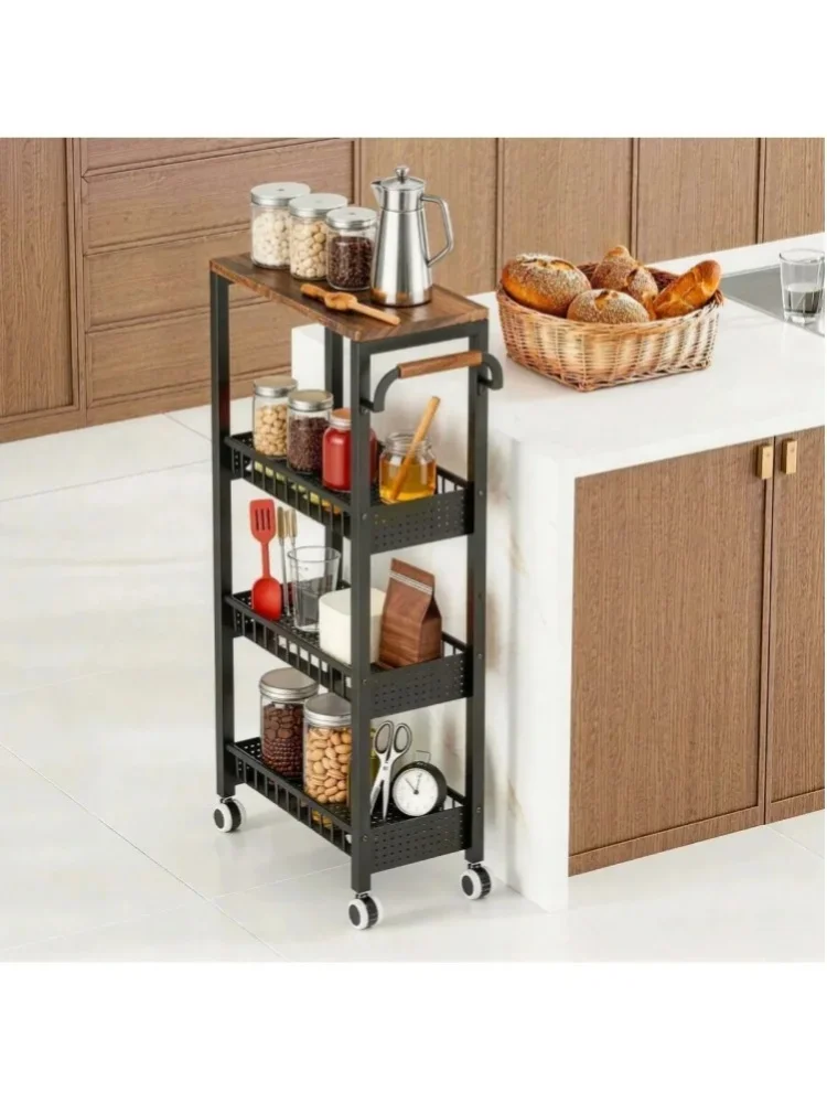 4-stufiger schmaler Rollwagen mit Holzplatte, 20 cm schmaler mobiler Organizer, Metallregal für Badezimmer, Küche, Waschküche, zur Aufbewahrung in engen Räumen
