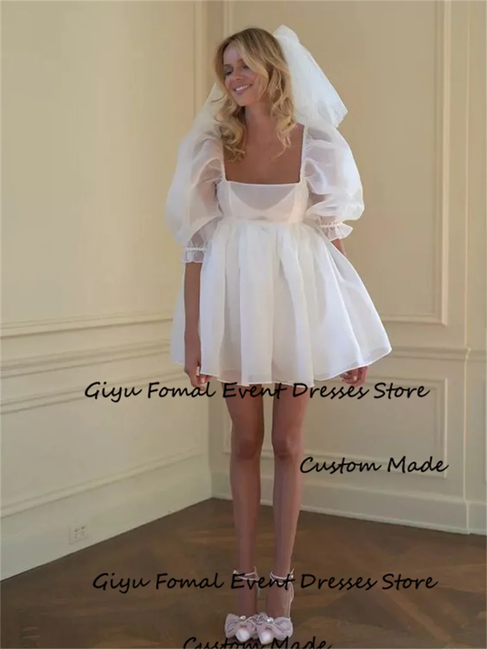 Giyu Similar A-line Mini Wedding Dress 2024 Square Collar Mini Length Above Knee Prom Dress Vestidos Novias Boda