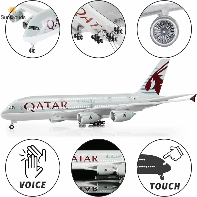 1:160 Scale Large Model Airplane Qatar A380 Plane Models Diecast Airplanes with LED Light for Collection or Gift