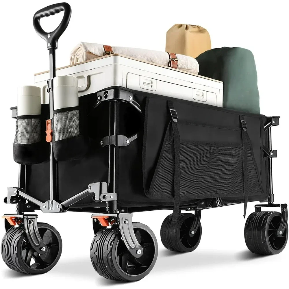 Collapsible Folding Wagon Cart Heavy Duty Foldable, Beach Wagon with Big Wheels and Side Pocket and Brakes, Folding Garden Carts