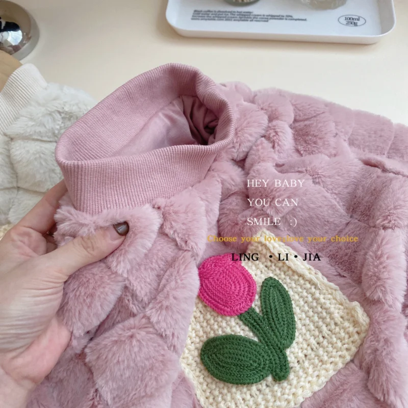 

Girls' Fleece Sweater Winter New Children's Tulip Embroidered Sweatshirt Baby Girl Fleece Warm Top Trendy