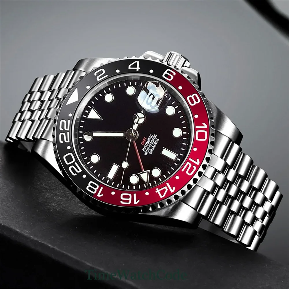 Tandorio 40mm NH34A Men's Automatic Watch GMT Function Luminous Black Dial Sapphire Crystal Auto Date Bracelet Rotating Bezel