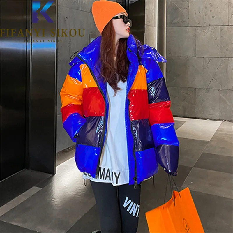 

2022 Winter Jacket Women Short Parka Glossy Fashion Zipper Patchwork Down Jacket Female Thick Warm Hooded Cotton Coat Streetwear