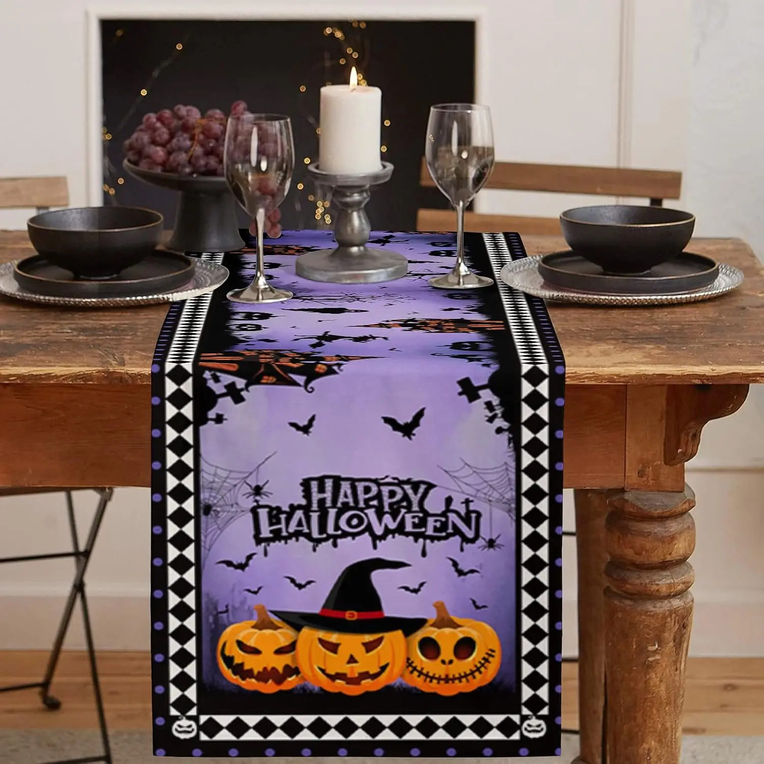 Halloween Pumpkins Bat Diamond Plaid Linen Table Runners Washable All Season Table Linen Decoration for Holiday Dresser Scarves