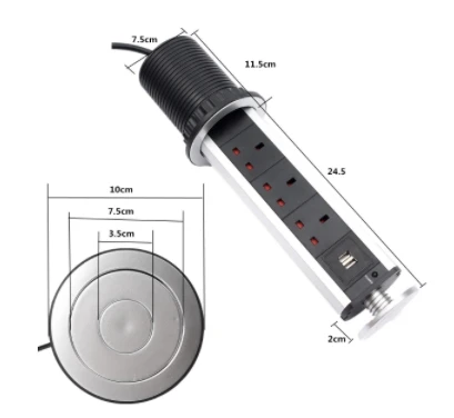

EU Hidden desktop socket Vertical socket 3 Outlets 2A USB 1.5M Electric Wire Protected From leakage Retractable Aluminum Body