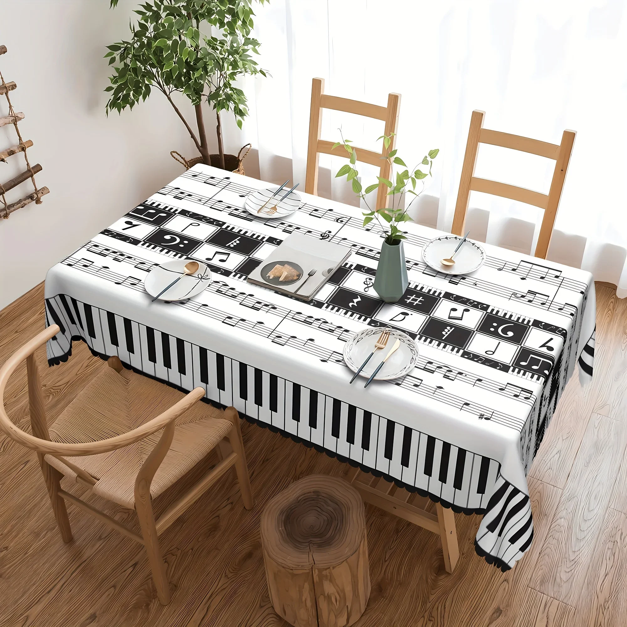1Pc Modern Piano Keyboard Music Note Tablecloth Black And White Musical Instrument Print Table Cover For Dining Room Kitchen Dec