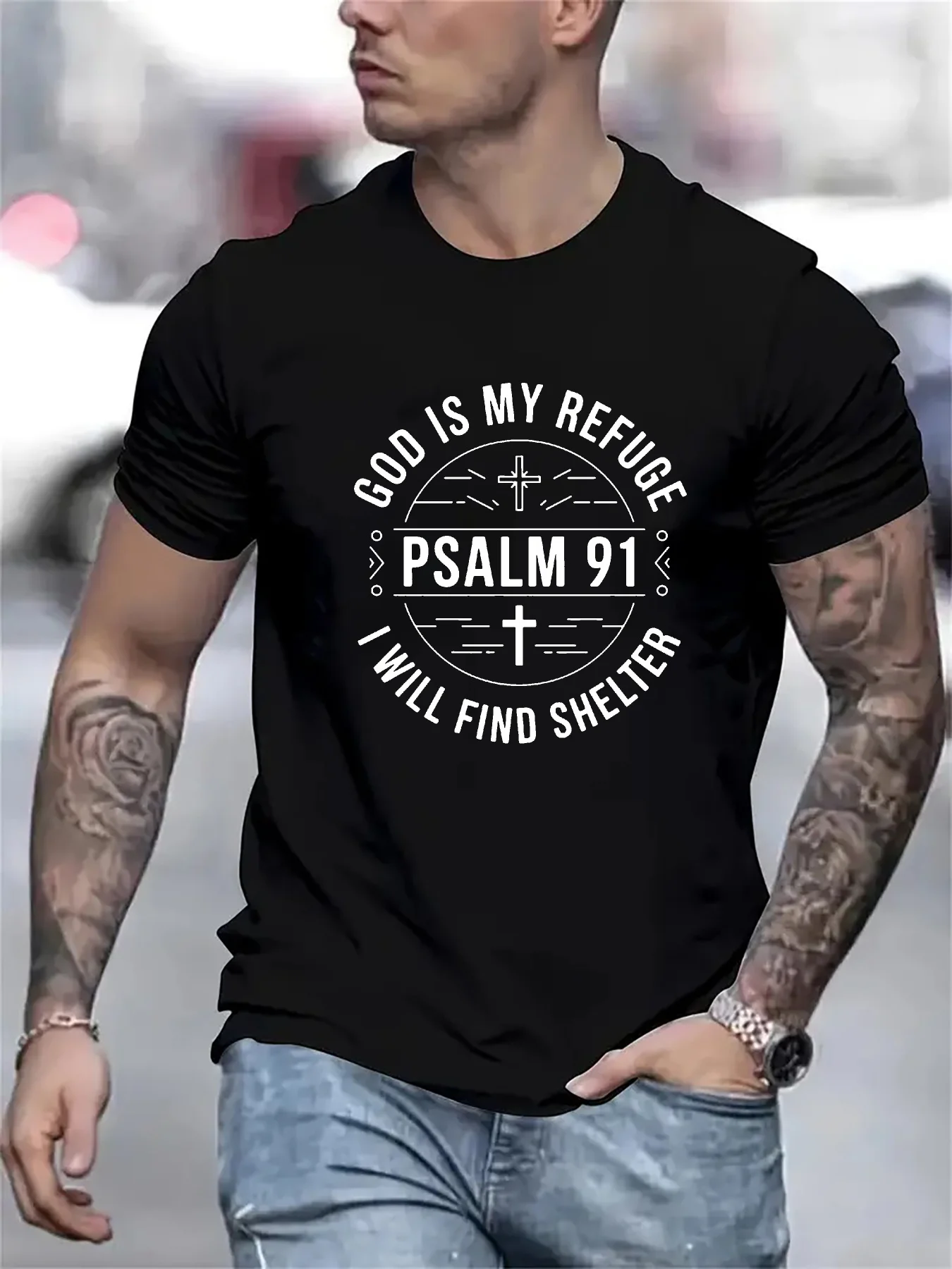 

Men's Christian Bible text T-shirt Psalm 91:1-2: God is my refuge and shield; I will seek refuge.