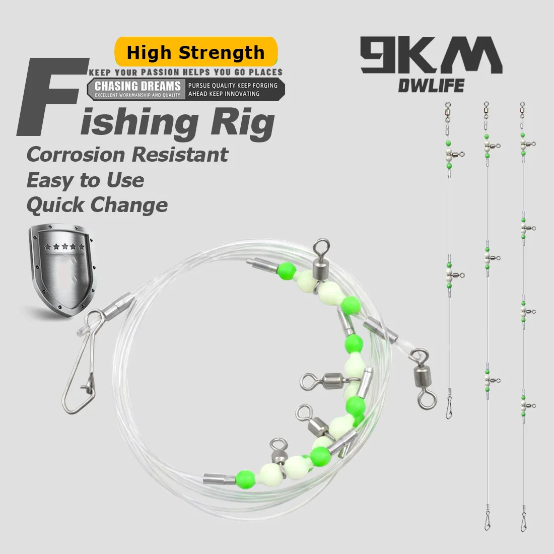 9KM Pre-Rigged Fishing Leader Rig with Luminous Beads 3 Way Swivel Clip Rig for Hook & Weight Salwater Bottom Fishing Tackle