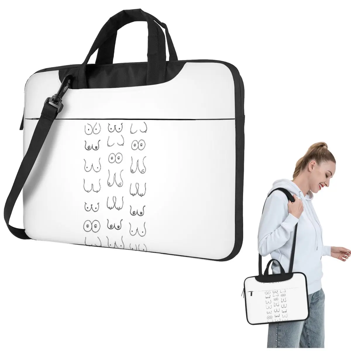 

Black And White Tits Drawing Crossbody Laptop Bag Case Computer Bag 13 14 15.6 Inch Notebook Pouch for Lenovo