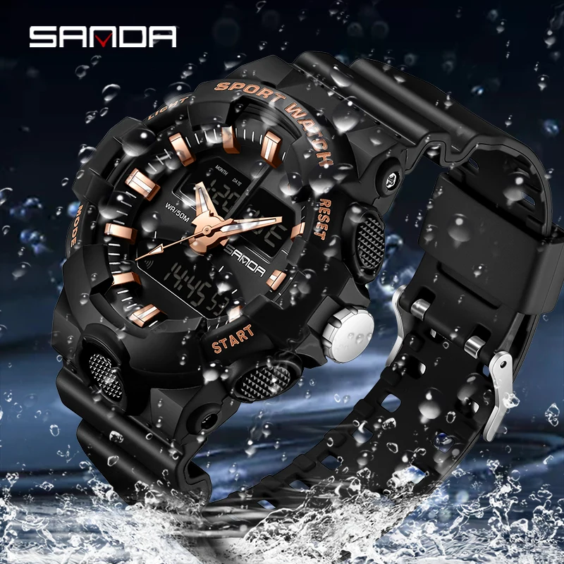 Fashion Sanda Brand Sports Multifunctional Electronic Watch Led Luminous Dual Display Quartz For Men Clock 50m Waterproof Reloj