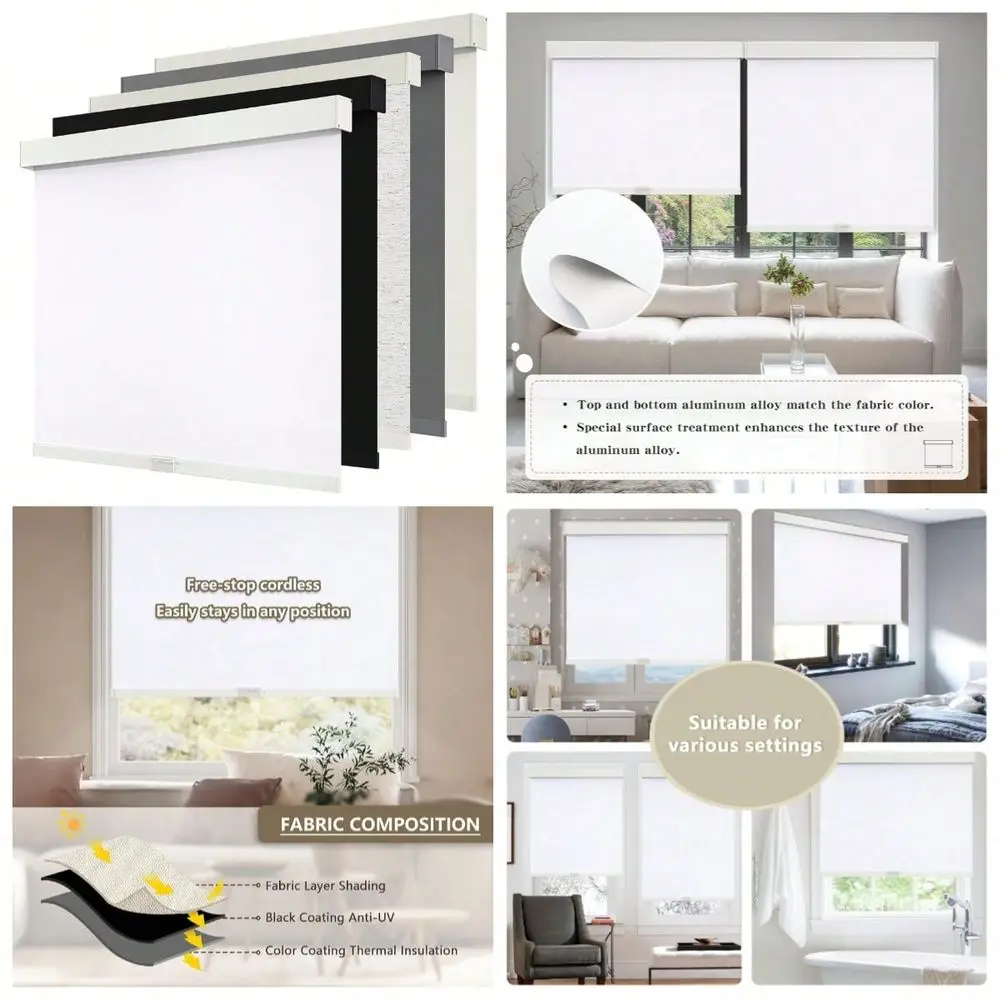 Blackout Roller Shades Blinds For Windows FreeStop,Pull Down Room Darkening With Valance,Thermal Insulated Woven Fabric Window