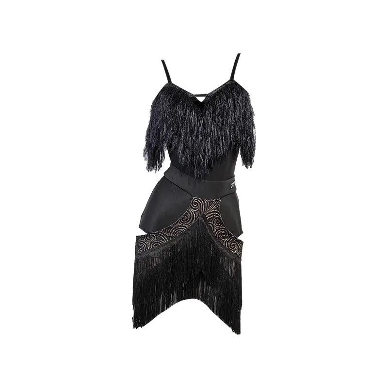 Vestito da ballo latino Sexy Fluff Strap Top Nappe Gonna di pizzo Costumi di prestazione per le donne Chacha Rumba Tango Latin Wear DN22349