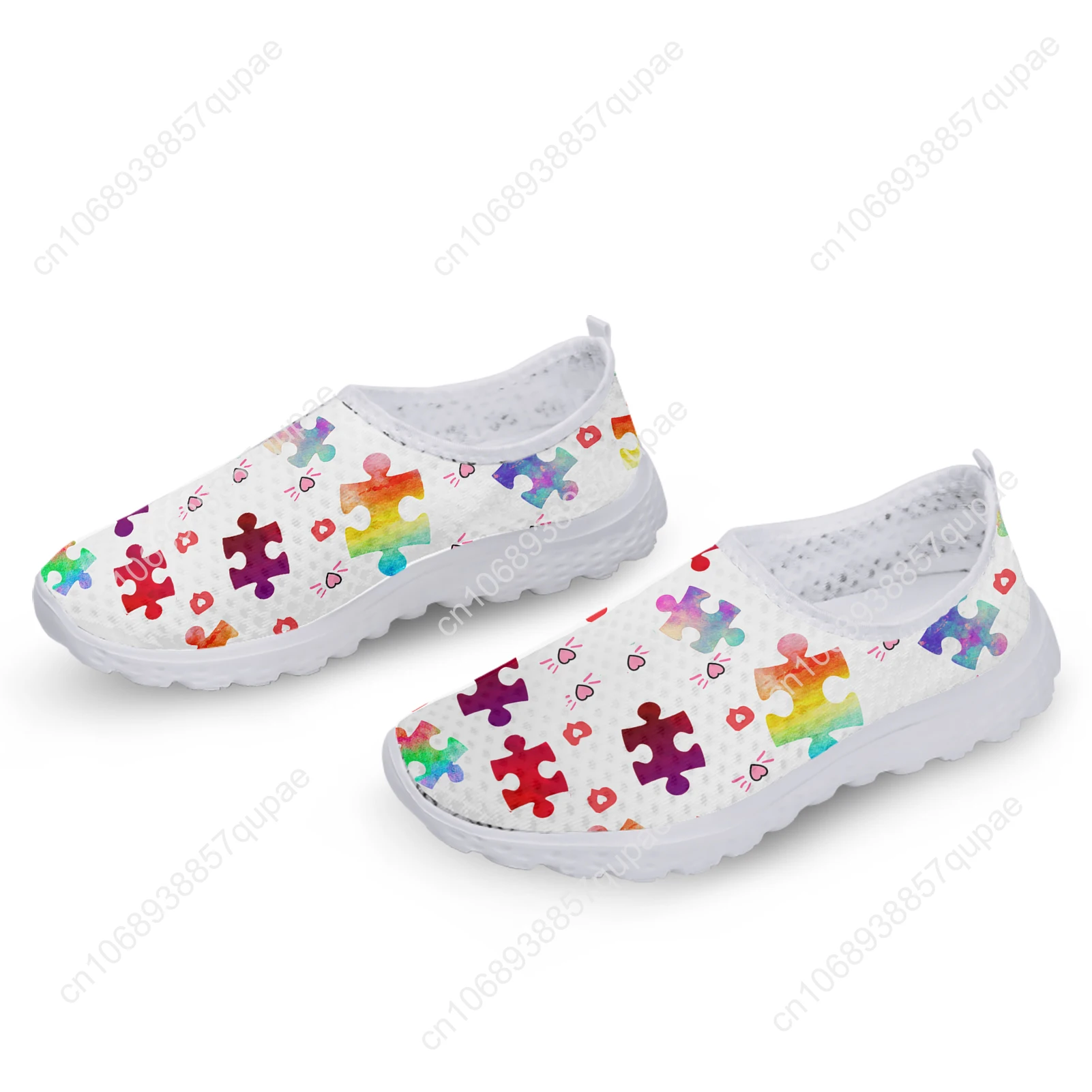 White World Autism Day Colorful Puzzle Print Mesh High Quality Sneakers Men Casual Fashion Custom Made Tennis Flat Couple Shoes