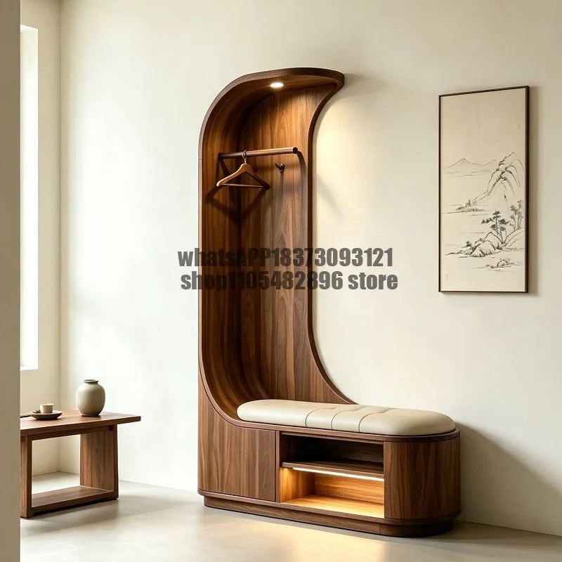 Black walnut design sense, curved solid wood hanger with shoe change stool, locker integrated into the home
