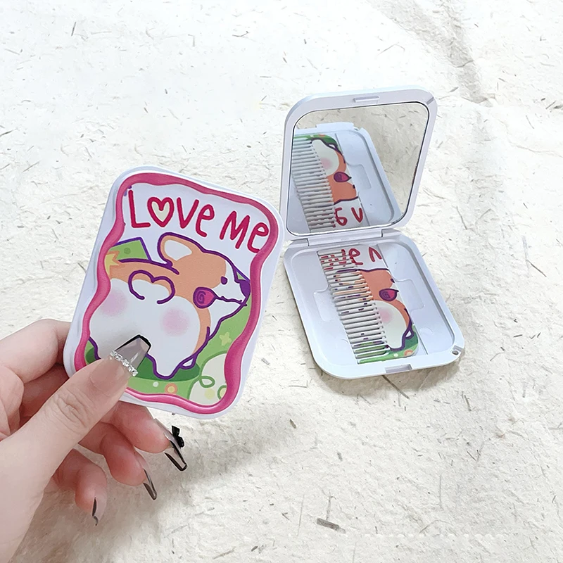 Cartoon Corgi Mini Folding Makeup Mirror With Comb Cute Puppy Portable Handheld Makeup Mirror For Women Girls