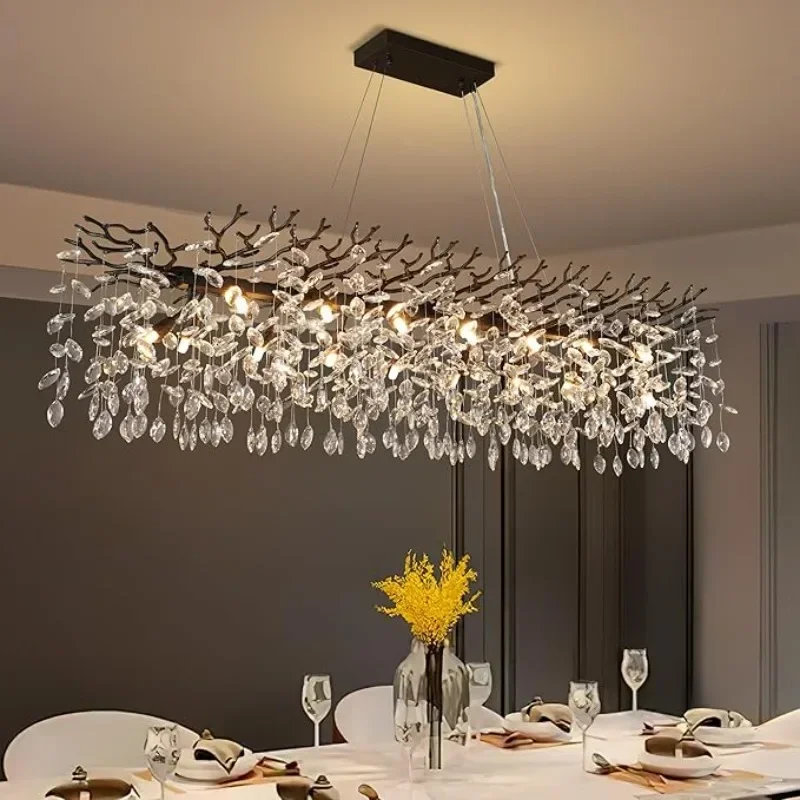 Rectangular Modern Black Branch Crystal Chandelier for Dining Table Living Room Dimmable Crystal Pendant Light Kitchen Vila