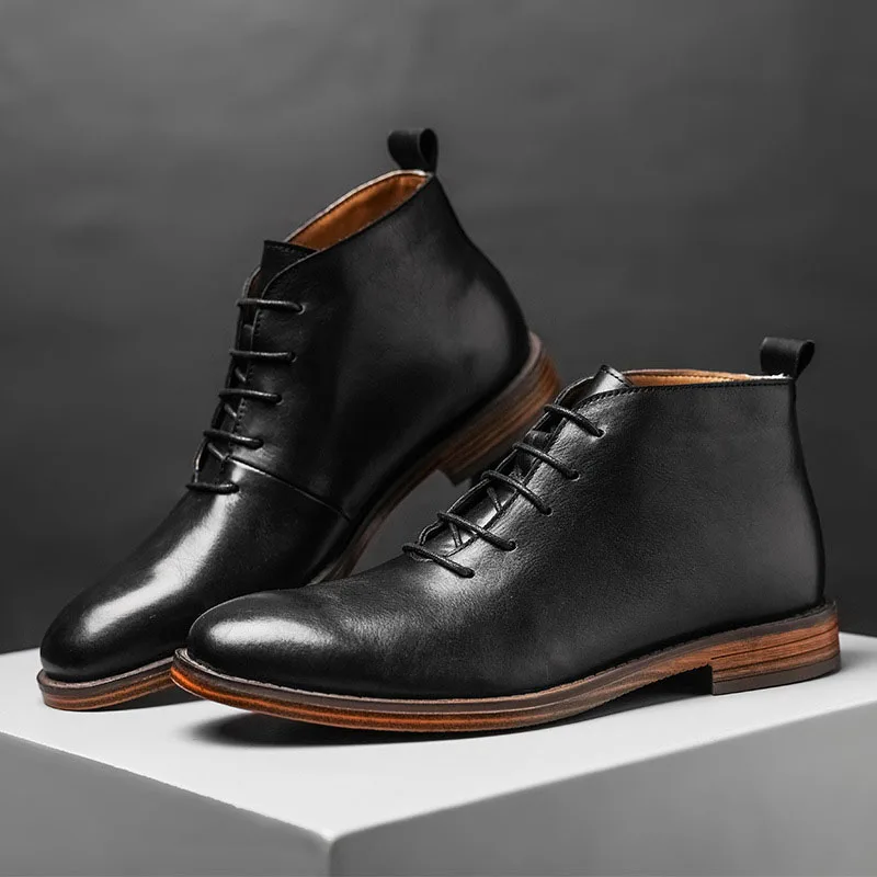 Ankle Boots For Men High Quality Genuine Leather Shoes Elegant Lace Up Business Office Footwear High Top Dress Shoes
