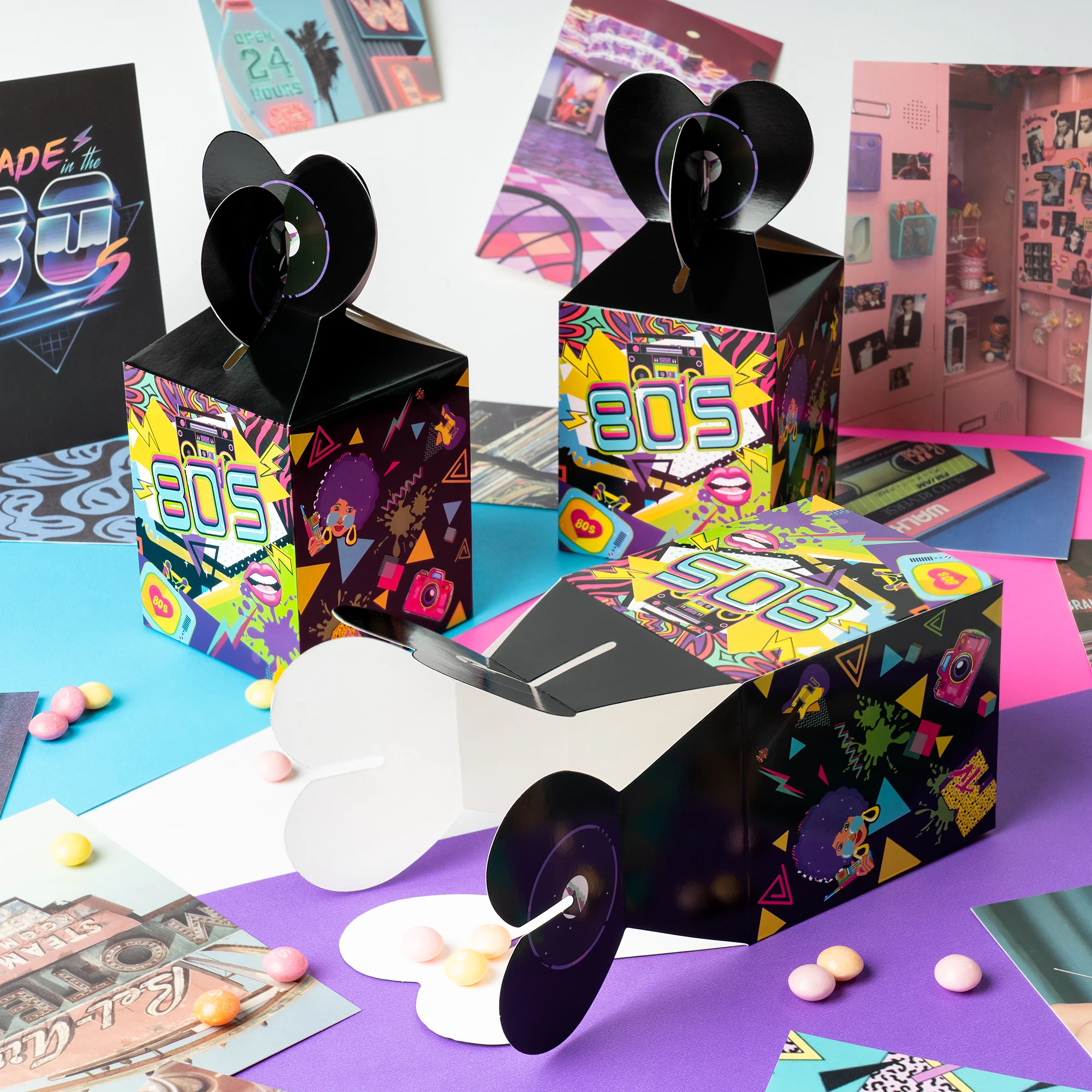18Pcs Vintage 80s Candy Box Set Disco Print Small Popcorn Cookies Warring Box for Kids Birthday Party Anniversary Celebration
