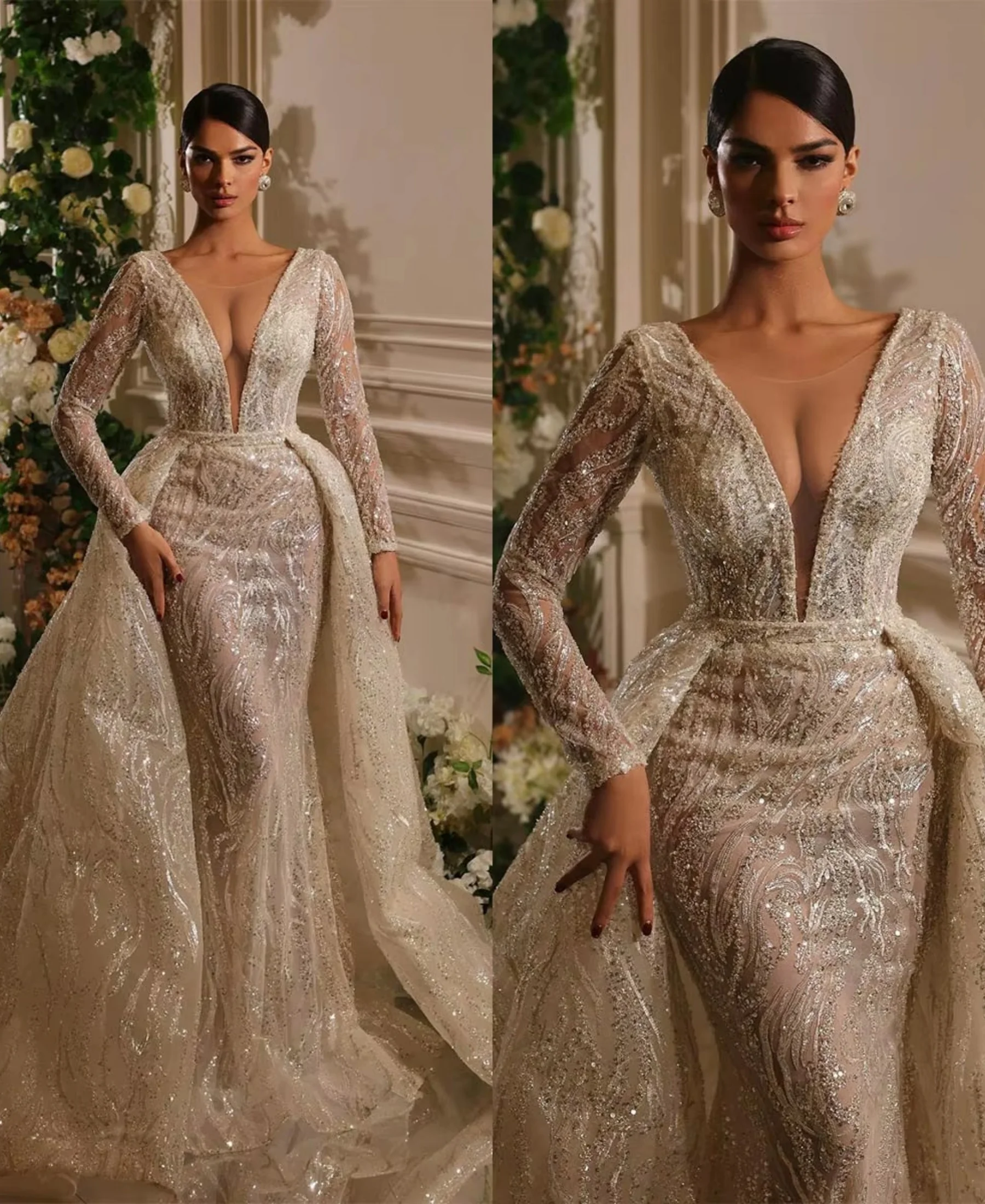 Customized Exquisite Lace Wedding Dress High Neck Long Sleeve Sweep Train Ball Gown Bride Robe De Mariee Customized Vestidos