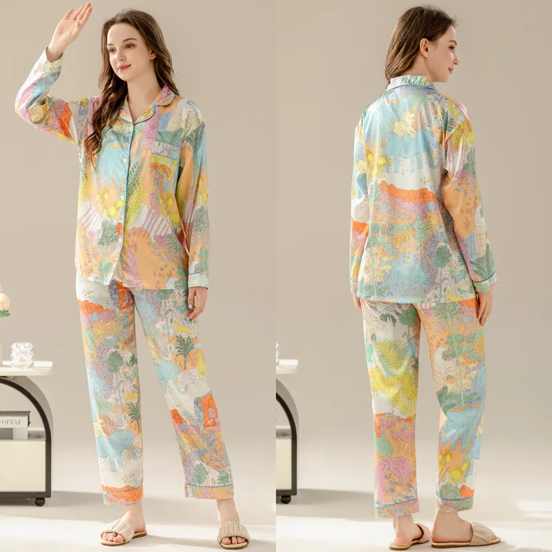 

Ling 2pcs Women‘s Imitation Silk Small Fresh Pajamas Set Summer Fashion Long Sleeve Loungewear Cardigan Home Clothes Sleepwear