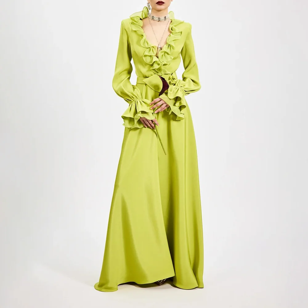 

Modern Evening Dress for Women Long Sleeves Ruffles V-Neck A Line Floor Length Formal Party Dress Casual Evening Gown Customized