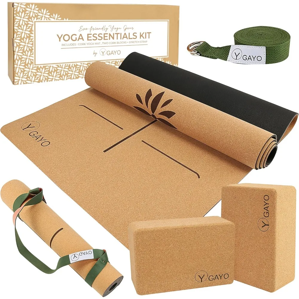 

Универсальный комплект Essentials Premium Cork — набор больших пробковых ковриков для йоги и блоков с ремешком для переноски и выравнивающими линиями