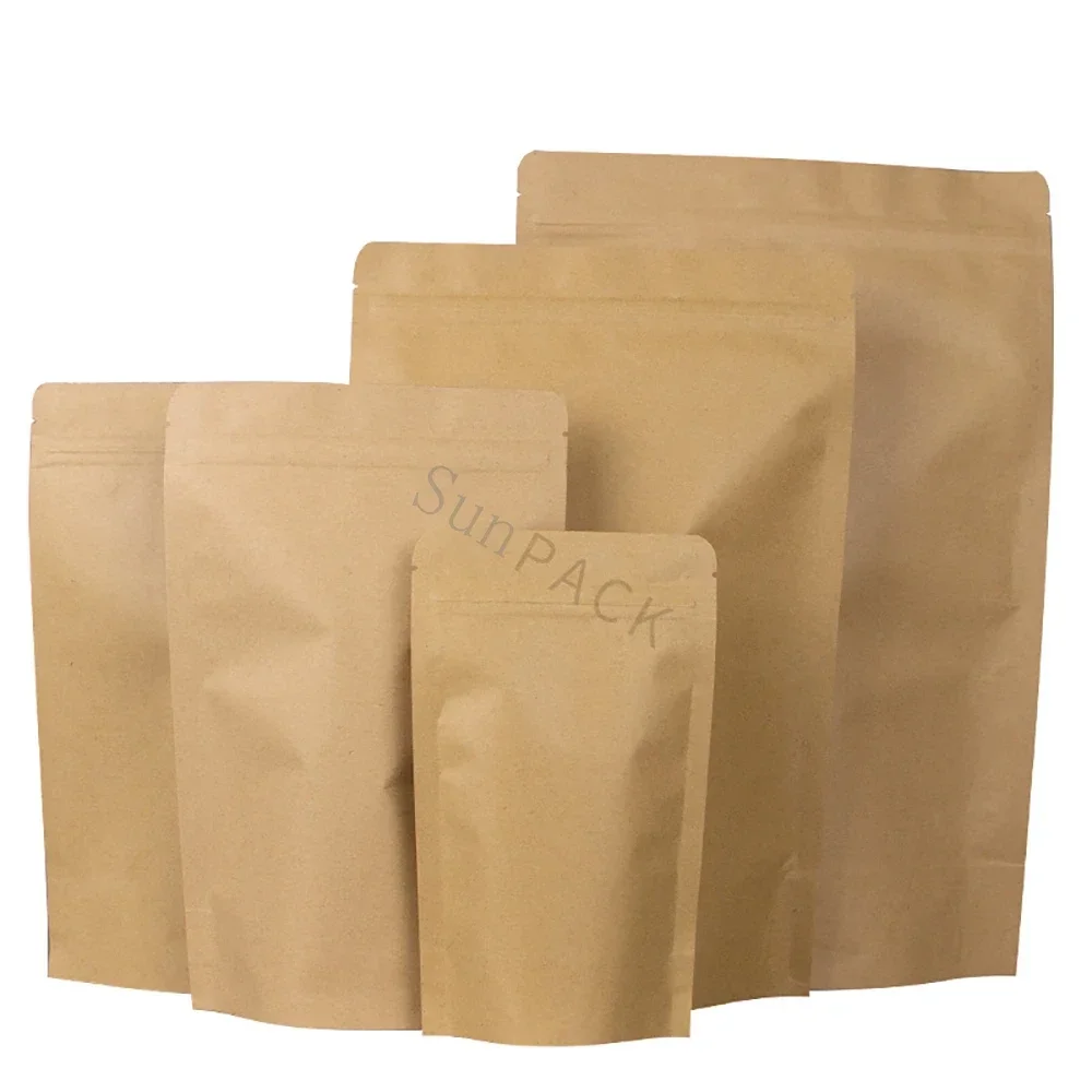 50pcs 100% Home Compostable Brown Nature Kraft Paper with Milky PLA Kraft Paper Stand Up Pouch for Daily Food Packaging