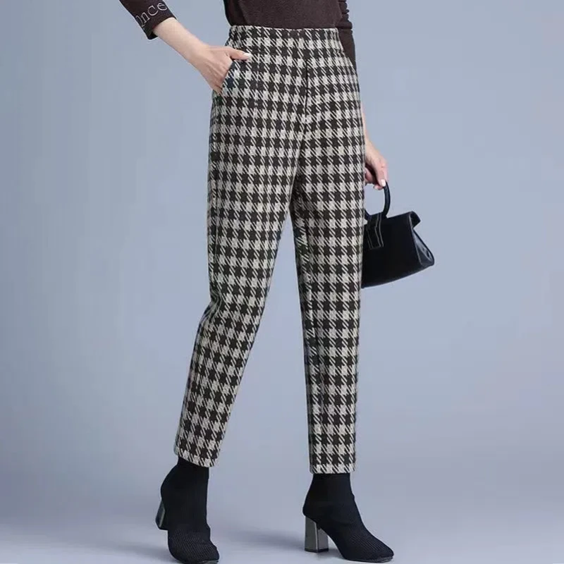 Frühling Herbst Neue Frauen Kleidung Hosen Plaid Tasche Elastische Hohe Taille Chinesischen Stil Mode Lässig Haren Knöchel Länge Hosen