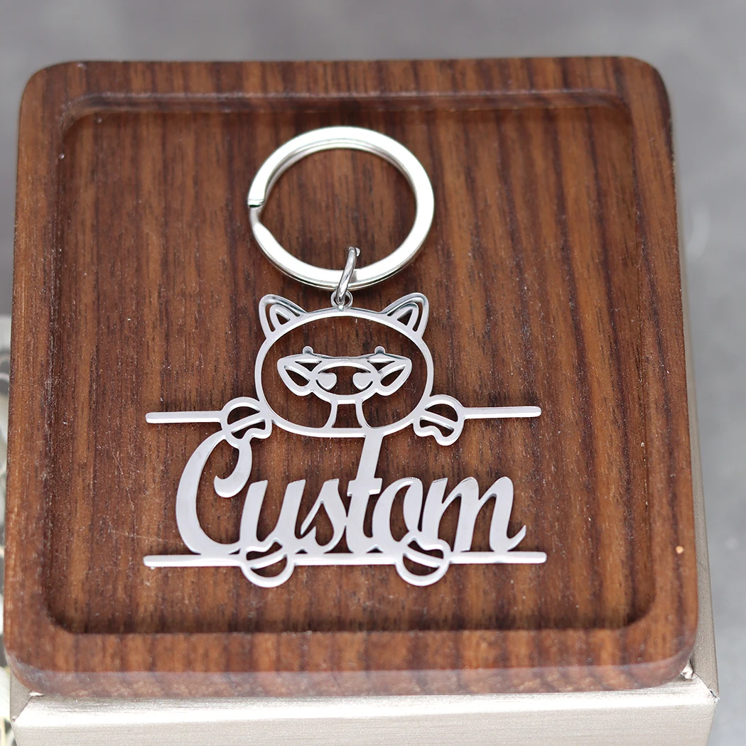 

Stainless Steel Custom Name Cat Animal Keychain For Women Keyring Customized Pendant Key Ring Wedding Jewelry Birthday Gift