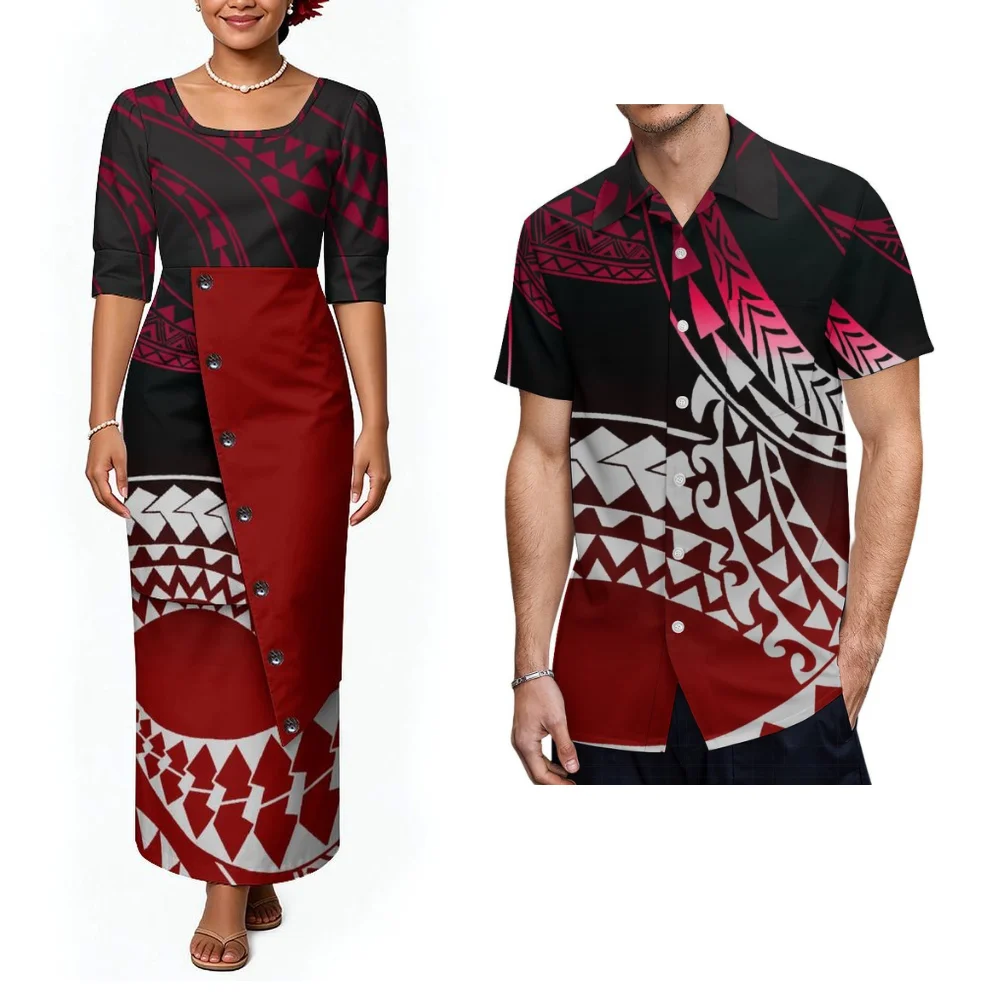 Polynesian Island Custom Party Couple Set Men'S Aloha Shirt Women'S Mid-Length Buttoned Puletasi Tapa Dress