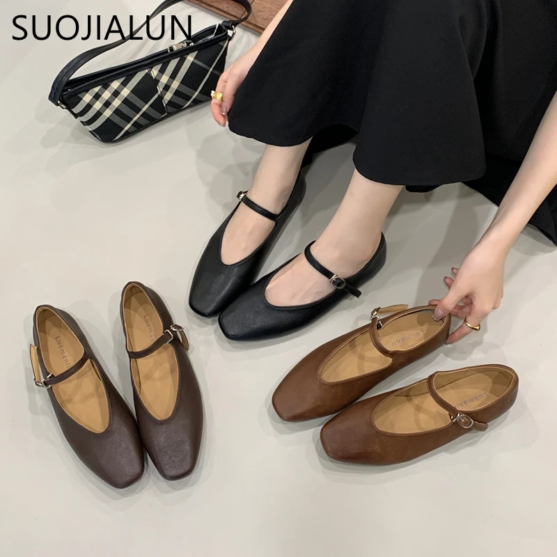 

SUOJIALUN 2025 New Brand Women Flat Shoes Fashion Round Toe Shallow Ladies Elegant Mary Jane Shoes Soft Flat Heel Casual Boat Sh