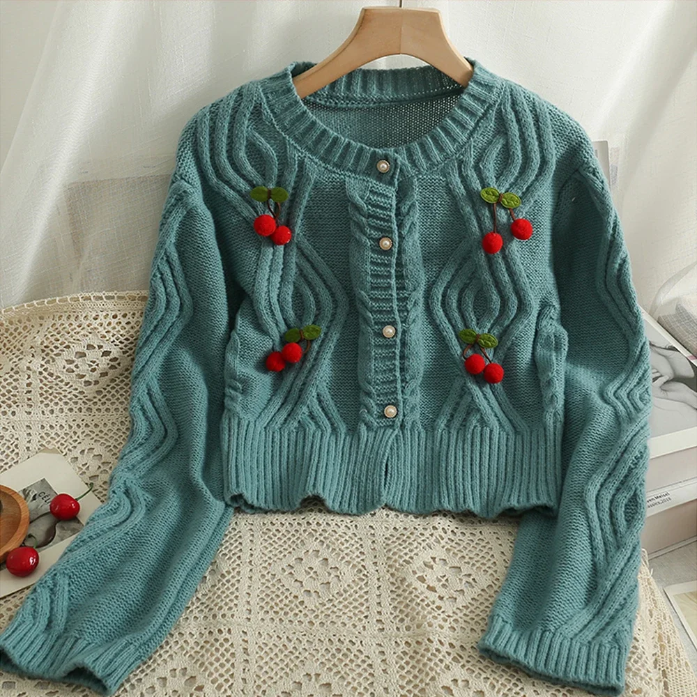 2024 New Trend Chic Fashion Cherry Knit Cardigan Ladies Fall Cute Button O Collar cappotto a maniche lunghe Cardigan maglione da donna