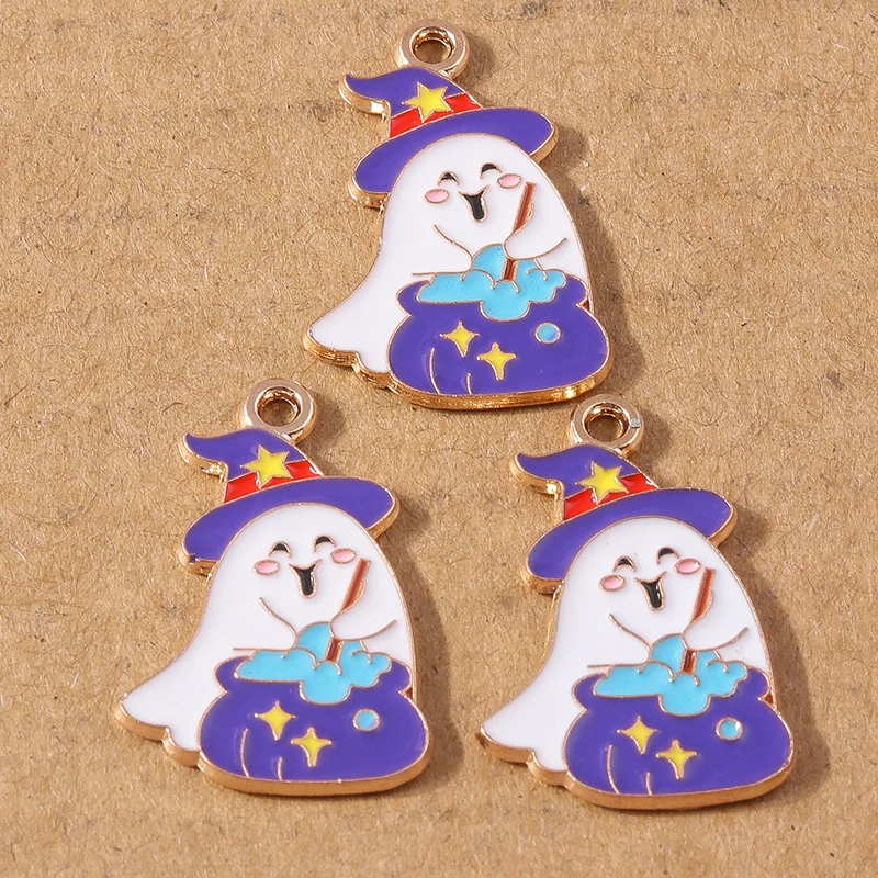 10Pcs Enamel Cartoon Ghost Charms Witch Skull Halloween Charms Pendants for Making Necklace Earrings DIY Jewelry Accessories