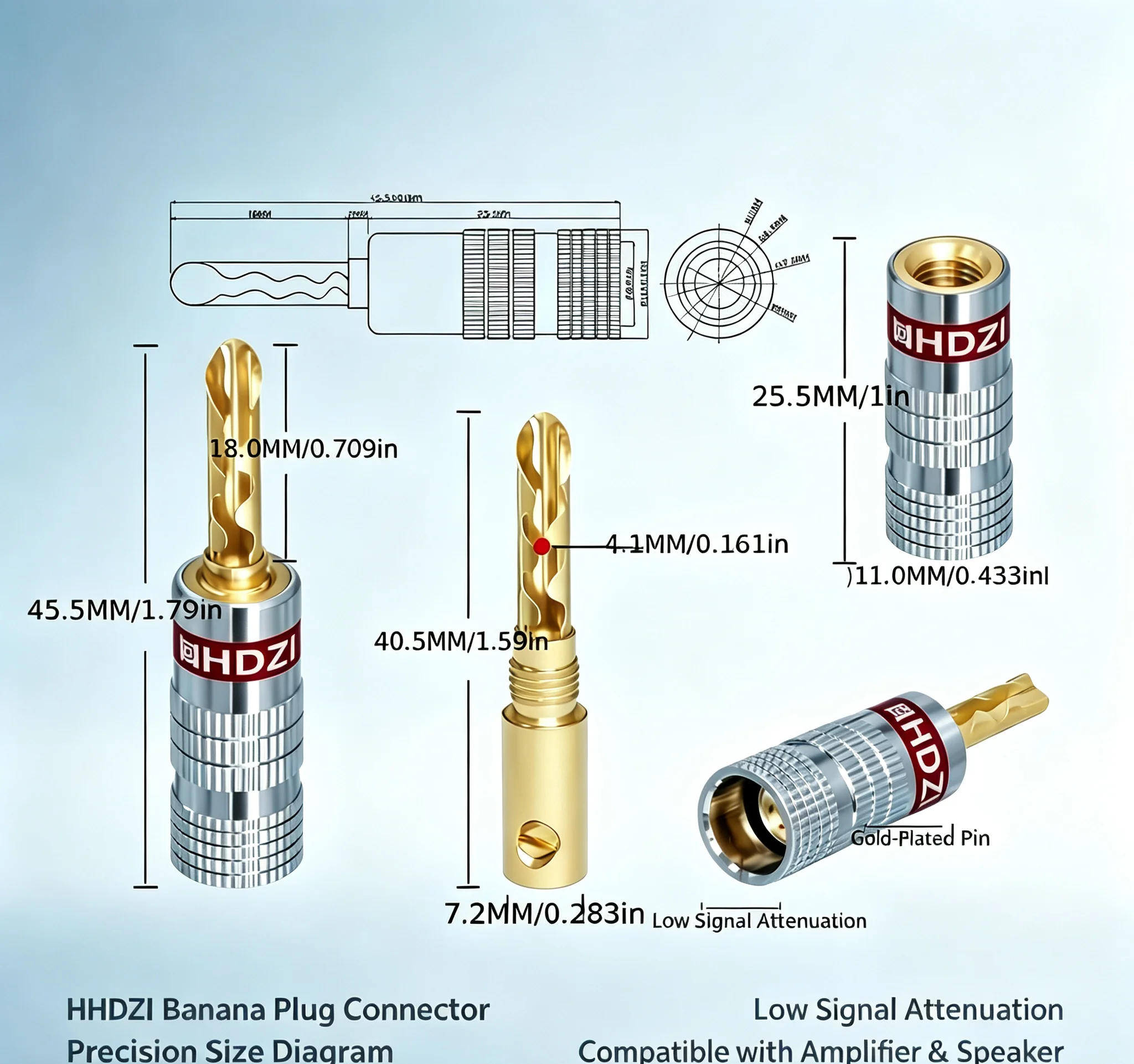 HHDZI Serrated 4.1mm Banana Plug 24K Gold-Plated Audio Connector Aluminum Alloy Shell Solderless Speaker Terminal for HiFi Ampli